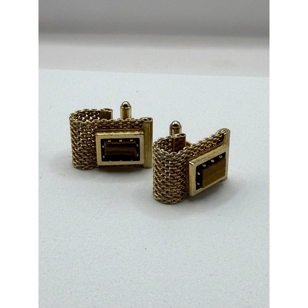 Anson Vintage Gold Tone Wrap Around Mesh Cufflinks Tigers Eye Stone Rectangular